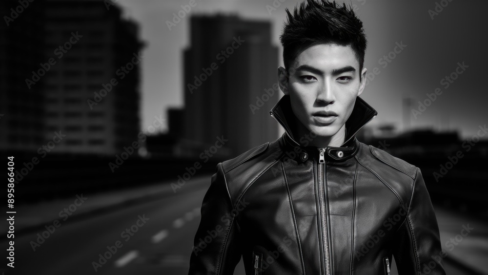 Canvas Prints A man in a leather jacket standing on the side of an empty road, AI