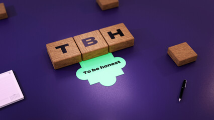  TBH abbreviation of To be honest, 3D acronym wood text block concept on indigo background