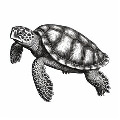 Fototapeta premium Black and white Vintage engraved art of a turtle portrait isolated on white background, ink sketch illustration, simple vector art design, highly detailed line art, high contrasty 