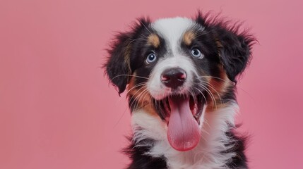 A dog with a tongue sticking out is smiling at the camera