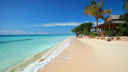 Tropical Beach with Crystal Clear Water and Cozy Beach House
