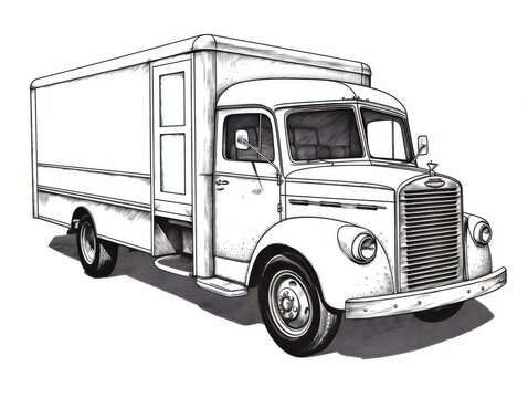recommend clip art: Black and white Vintage engraved art of a vintage delivery truck isolated on white background, ink sketch illustration, simple vector art design, highly detailed line art, high contrasty. -