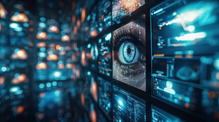 Obraz premium A close-up of a digital eye on a screen surrounded by a wall of data screens in a futuristic setting.