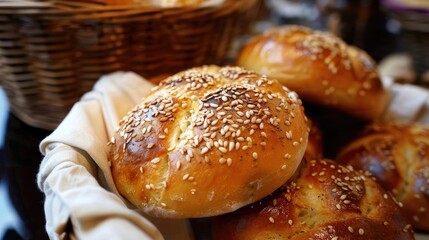 Freshly baked bread rolls in a wicker basket, topped with sesame seeds, capturing the aroma and texture of artisanal baking.