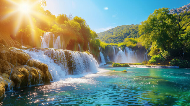 Waterfalls Krka, National Park, Dalmatia, Croatia. View of Krka National Park, Roski Slap location, Croatia, Europe. Beautiful world of Mediterranean countries. Traveling concept background