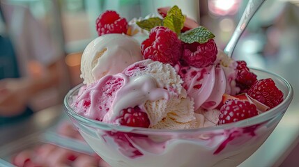 A delicious bowl of raspberry and vanilla ice cream topped with fresh raspberries and mint leaves, perfect for a summer treat.
