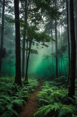 green mist in forest morning background design with copy space