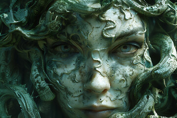 An artistic depiction of Medusa, characterized by her serpentine hair, fierce expression, and petrifying gaze