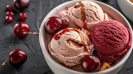 Delicious bowl of cherry ice cream with fresh cherries on dark background. Perfect for dessert and summer themes.
