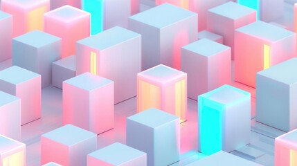 Obraz premium Abstract 3D render of pink and blue geometric cubes forming a vibrant futuristic cityscape with soft neon lights.