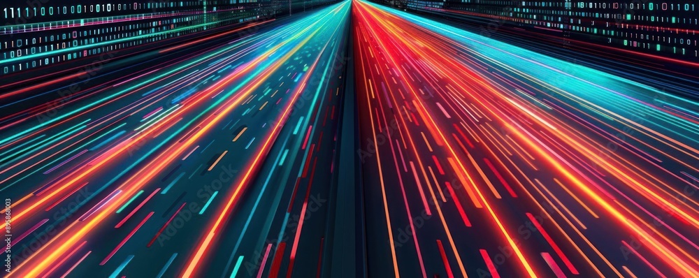 Poster bright trails of light streak through a digital matrix, representing fast data transfer and modern t