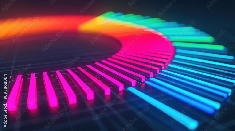 Poster colorful neon light bars in a circular pattern representing data analysis, technology, and futuristi