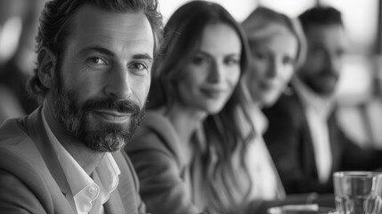 Obraz premium A group of four business professionals, one man and three women, sitting at a table in a meeting or conference setting