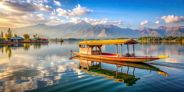 Shikara boat on serene Dal Lake in Srinagar, Jammu and Kashmir, India, Shikara, boat, Dal Lake, Srinagar