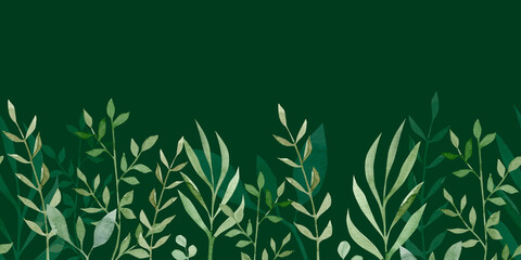 Seamless watercolor border with green plants on dark green background. 