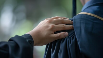 A person is giving a hug to another person who is wearing a graduation gown