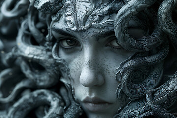 An artistic depiction of Medusa, characterized by her serpentine hair, fierce expression, and petrifying gaze