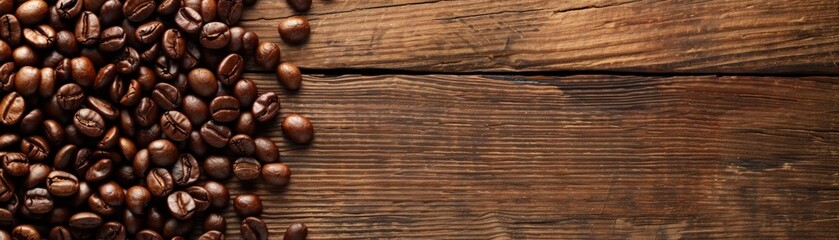 Naklejka premium Coffee beans on a wooden table with copy space
