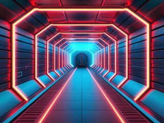 Futuristic neon-lit sci-fi corridor with glowing red and blue lights, creating a vivid, high-tech atmosphere in a modern space station.