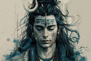 Shiva, a prominent deity in Hinduism, depicted with   a crescent moon on his head, and a snake coiled around his neck