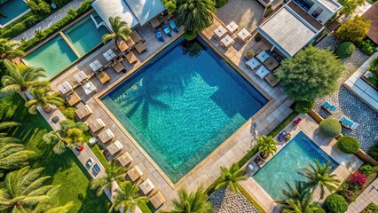 Fototapeta premium Aerial view of luxurious pool and exterior in resort, resort, aerial view, pool, luxurious, vacation, relaxation