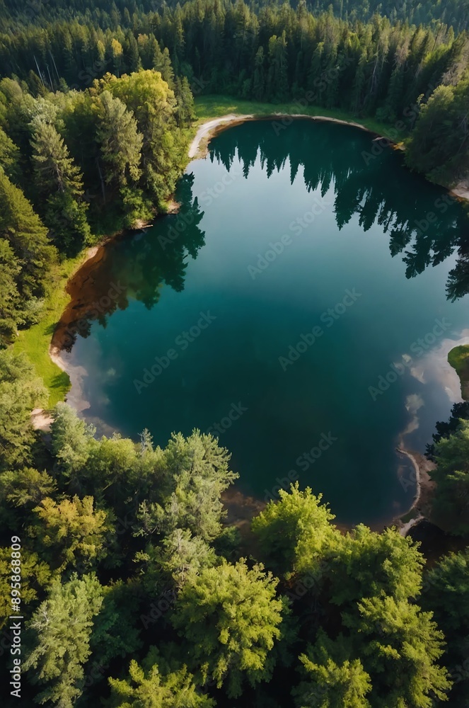 Aufkleber lake with surrounding trees top view background design with copy space
