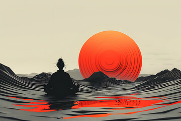 A human sitting in a lotus position, engaged in meditation, depicted in a linear logo style. The design features clean, continuous lines and minimalistic elements to convey tranquility and focus