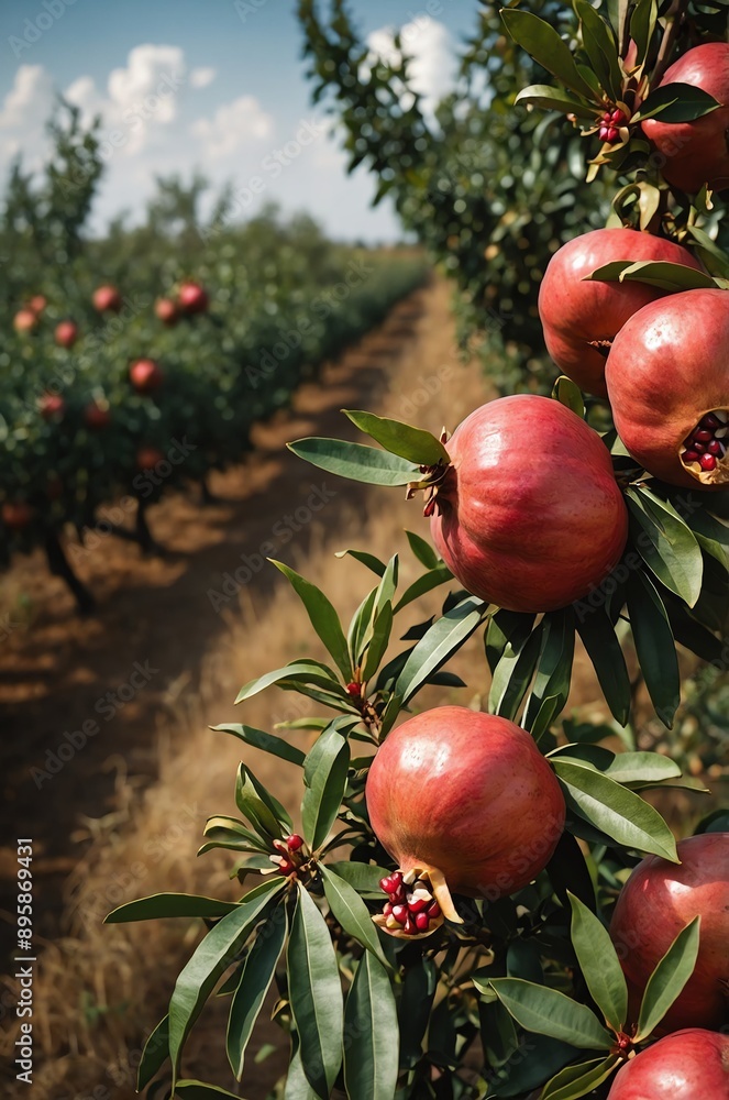 Sticker orchard with ripe pomegranate fruits background design with copy space