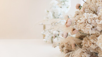 Universal composition made of beautiful bouquet of flowers on light backdrop. Floral decoration. Natural floral card for the background.  	