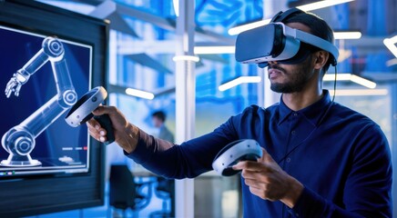 A man in a virtual reality headset playing with an industrial robot, AI