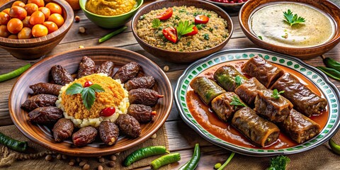 Obraz premium Traditional Turkish dinner with pilaf, lentil soup, meatballs, sarma