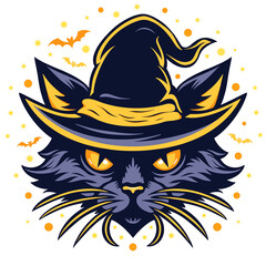 Black cat in a witch hat with glowing eyes and bats in a Halloween night