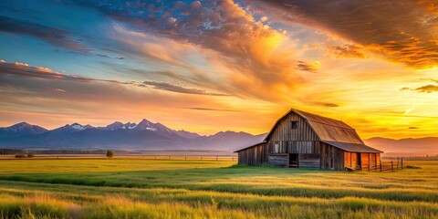 Serene rural landscape at sunset with a rustic barn, wide open field, and distant mountains under a beautiful orange sky