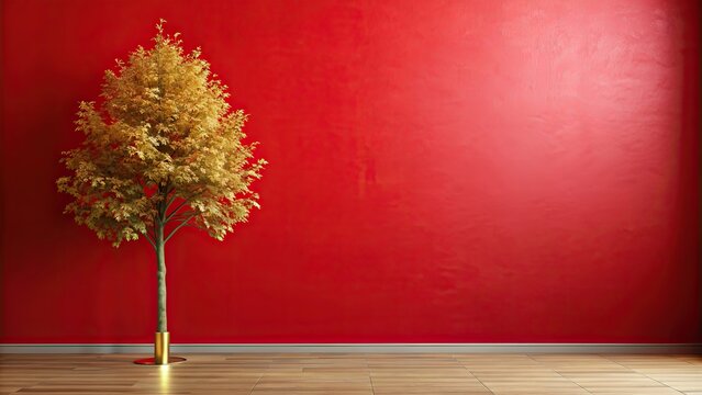 Red wall paint with a golden tree and safa , red, wall paint, golden, tree, safa, interior design, decoration