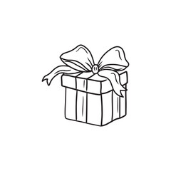 Beautiful carton box decorated with ribbon and bow as a happy birthday gift in black isolated on white. Hand drawn vector sketch illustration in doodle engraved vintage line art style. Christmas