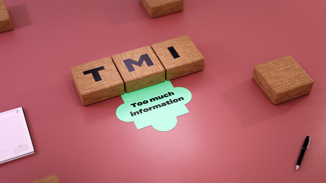 TMI abbreviation of Too much information, 3D acronym wood text block concept background
