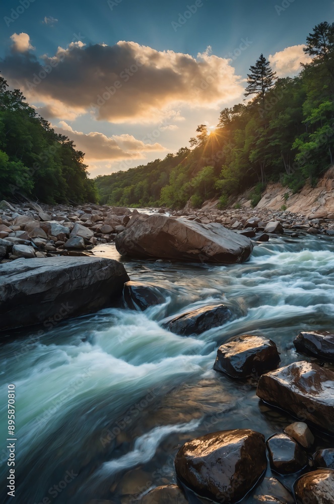 Poster rocky river with fast current background design with copy space