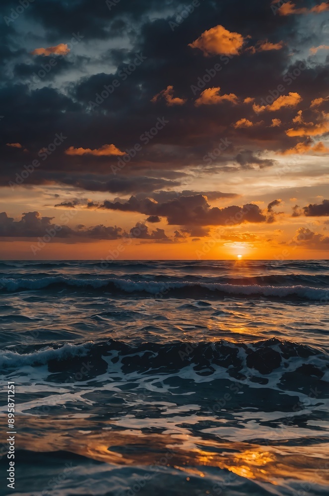 Poster sunset over the ocean waves background design with copy space