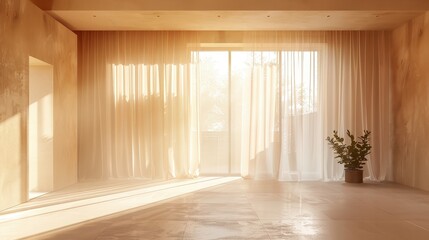 Sunlight Streaming Through Sheer Curtains in Minimalist Room