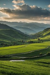 Obraz premium valley with green pastures background design with copy space