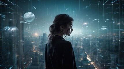 Photograph of a visionary female architect standing amidst a futuristic cityscape, her eyes filled with the possibilities of tomorrow's architecture.