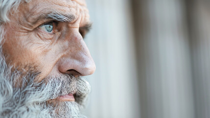 Close-up side profile of a bearded elderly man portraying King David, with a focused and contemplative expression, emphasizing wisdom and biblical heritage.