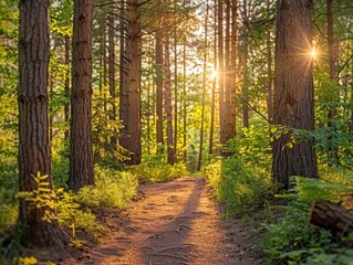 Fototapeta premium Serene Forest Stroll: Pathway Through Sunlit Woods for Relaxation and Wellness