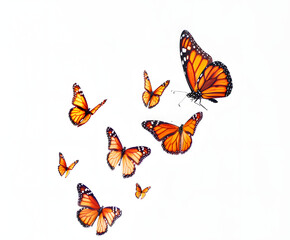 Orange butterflies flying on white background