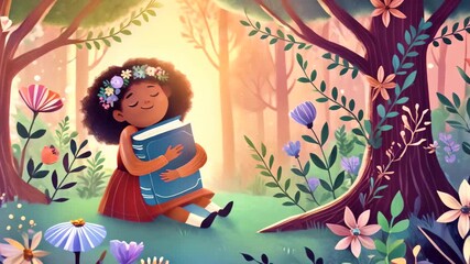 Delightful illustration of a child with a flower crown hugging a book in a magical forest setting. Perfect for back-to-school themes, celebrating the joy of reading and nature