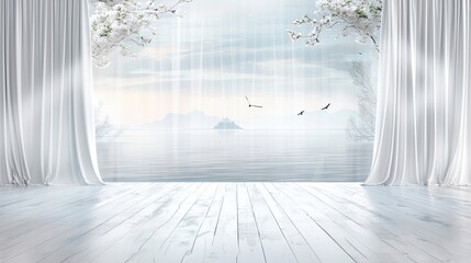 A white balcony with an arched opening, draped in white curtains, and surrounded by flowering vines, overlooks a lake with mountains in the distance