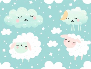 Kawaii sheep, cloud motifs and soft tones, flat design illustration