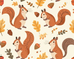 Obraz premium Sweet squirrels, acorn patterns and autumn hues, flat design illustration