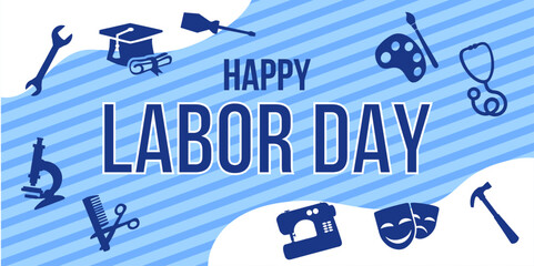 labor day banners on striped blue background with profession icons