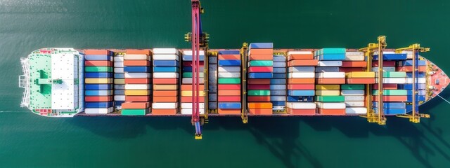 Overhead view of a container vessel loaded with import and export containers. This scenario highlights the worldwide shipping, logistics, and transportation system essential for global business trade